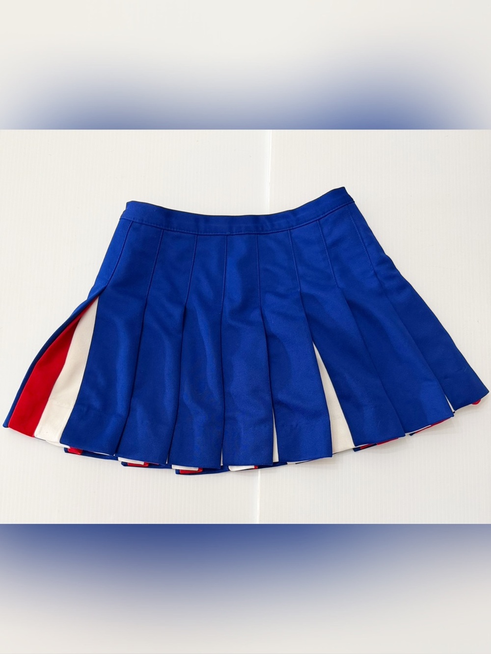 Dehen Knitting Co Vintage Blue Pleated Cheerleader Mini Skirt with Red & White